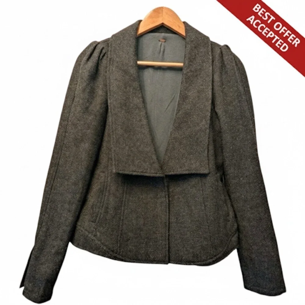 Free People Charcoal Herringbone Wool Blend Puff‎ Shoulder Blazer Jacket Gray